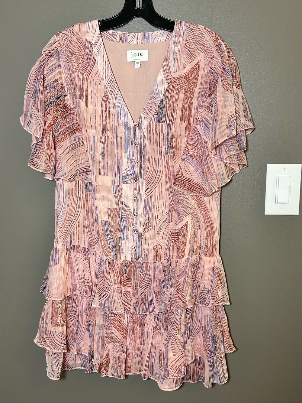 Joie Signe Silk Ruffle Short Sleeve V-Neck Dress S6